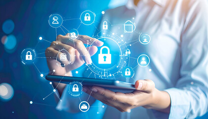 Data Security Woman secures digital data.
