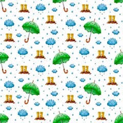 Hand-painted watercolor seamless pattern with green umbrellas, rain boots, raindrops and blue clouds on white background. For baby products, nursery decor, textile design and weather-themed crafts