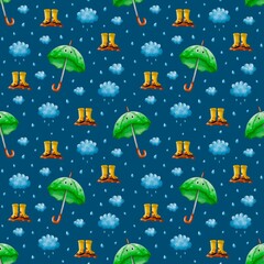 Hand-painted watercolor seamless pattern with green umbrellas, rain boots, raindrops and blue clouds on blue background. For baby products, nursery decor, textile design and weather-themed crafts