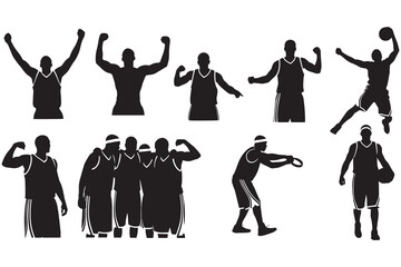 Silhouette illustration of nine basketball players in different shooting poses.
