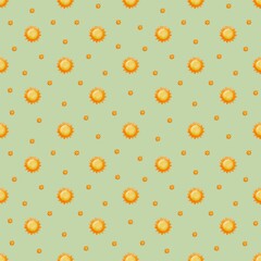 Hand-drawn seamless sun pattern in bright summer tones on green background. Features large watercolor sun elements perfect for warm season designs, nursery art, and wrapping paper