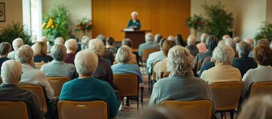 A group of elderly people attending a presentation or seminar in a well-lit room with a speaker at the front.