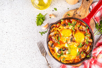 Mushroom Shakshuka. Tasty breakfast shakshuka with baked fried eggs, vegetables - tomato, onions, bell pepper and a lot of champignon mushrooms
