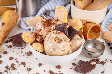 Tasty tiramisu ice cream with coffee syrup, savoyardi cookies, chocolate, cocoa powder. Portioned...