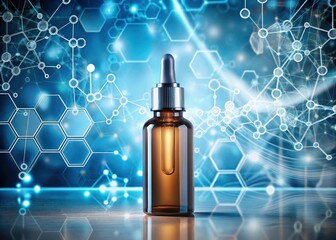 Serum bottle with retinol serum and scientific diagrams in the background