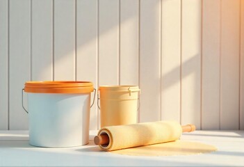 Painting Supplies: Buckets and Roller with Warm Sunlight