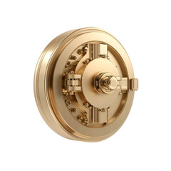 Intricate gold bank vault door with detailed design elements and metallic finish
