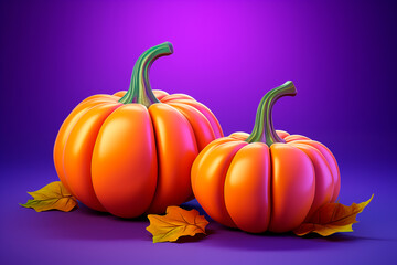 Two pumpkins with autumn leaves around them on a purple background, Halloween decoration