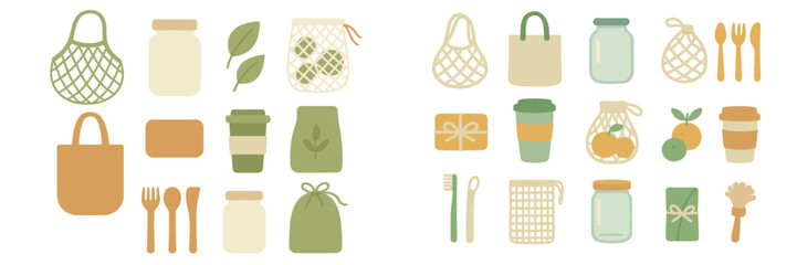Various eco-friendly bags, containers, and utensils arranged in a neat layout for sustainable living practices