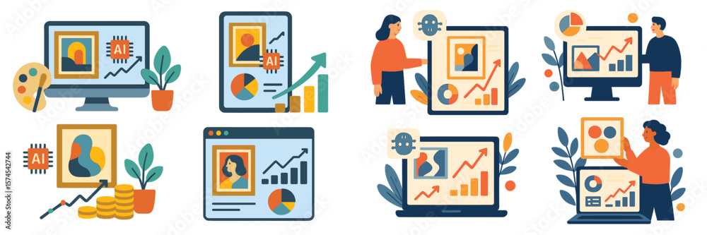 Poster digital artwork depicting various scenes of data analysis and presentation in a modern office enviro