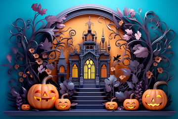Halloween pumpkins with smiley faces next to a gothic house on a blue background