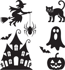 Halloween Silhouette Set Witch, Haunted House, Ghosts, Bats, and More