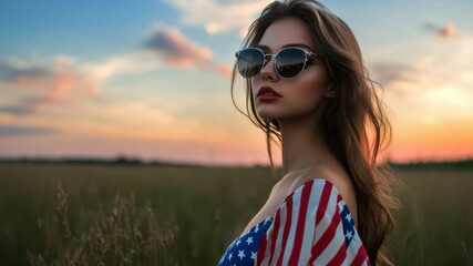 Celebrating summer sunsets with patriotic fashion in open fields