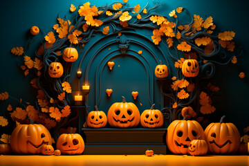 Halloween pumpkins with smiley faces decorating the entrance of a house