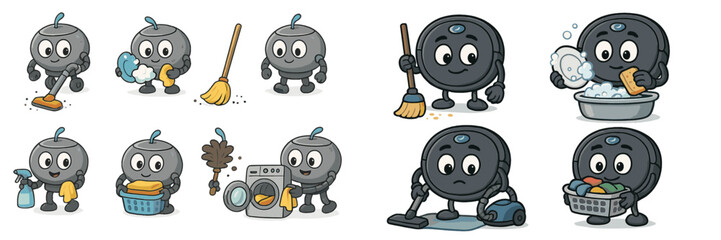 Cute cartoon characters engaged in house cleaning activities, showcasing various chores and tasks in a colorful and playful style