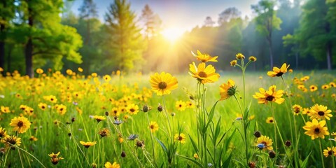 Sunny meadow scene with vibrant yellow wildflowers blooming amidst lush green foliage and tall grasses
