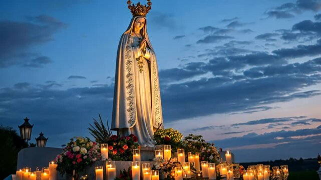 Statue of Virgin Mary surrounded by roses and candles in church arch