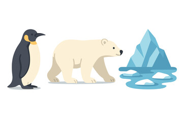 Penguin and polar bear interact near an iceberg in a cartoon illustration depicting Arctic wildlife