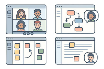 Virtual collaboration in a remote work environment featuring online meetings and brainstorming activities