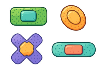 Colorful assortment of adhesive bandages in various shapes and sizes displayed on a white background