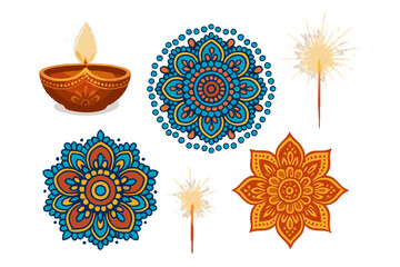 Diwali celebration elements featuring decorative patterns, a traditional lamp, and sparklers in festive colors