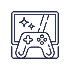 Line icon of a game controller and screen, representing an immersive experience. Sparkles on the display symbolize captivating virtual worlds and interactive digital entertainment.