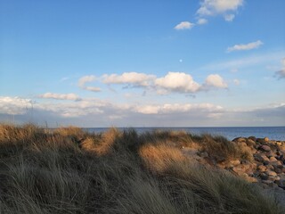 Dünenlandschaft am Meer mit Horizont und Wolken an der Ostsee
