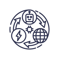 An icon showing the reinforcement learning loop. An agent (robot) interacts with an environment (globe), takes actions (lightning), and learns via a central processor (chip) to maximize rewards.