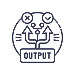 An icon representing a supervised learning classification model. An output is evaluated, leading to a correct (checkmark) or incorrect (cross) outcome, symbolizing the training and prediction process.