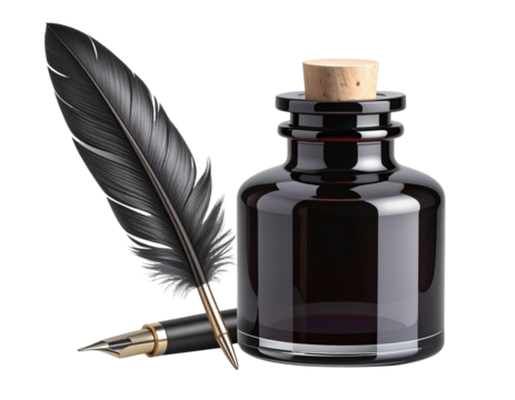 Side Angle of Vintage Ink Bottle with Open Lid and Quill Feather, Isolated on Transparent Background