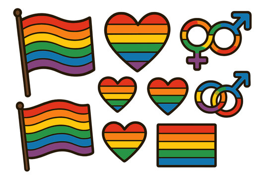 Colorful symbols of pride featuring rainbow flags and heart designs for LGBTQ+ celebration - Powered by Adobe