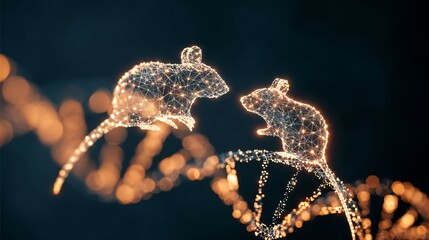 Two glowing mouse silhouettes connected by a DNA double helix to their offspring, representing reproductive science