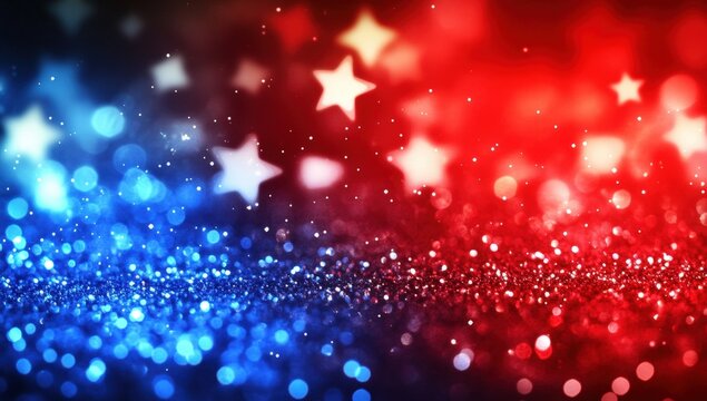 Abstract blue and red bokeh lights with glowing stars creating a festive, patriotic atmosphere.