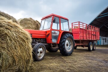 A vibrant red tractor and trailer alongside hay bales, symbolizing agricultural labor, harvest season, and the efficiency of modern farming