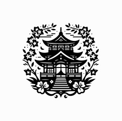 Black and White Vector Logo – Japanese Temple with Sakura Blossom for Tourism

