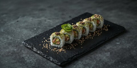 A row of sushi rolls topped with a green garnish on a black slate plate with sesame seeds around it