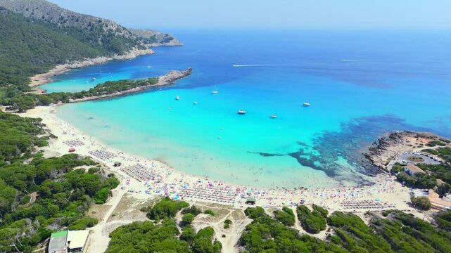 Drone shot Crowded Cala Agulla beach with turquoise sea and boats in Mallorca, Spain