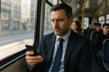 Businessman using smartphone on public transit