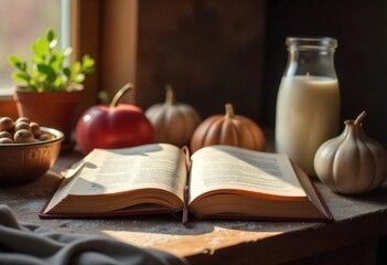 Cozy Autumn Baking with an Open Cookbook and Festive Lights