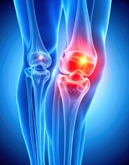 X-Ray Style Illustration of Knee Joint with Inflammation Highlighted in Red on Blue Medical Background
