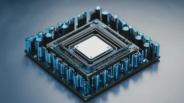 Futuristic microchip with blue-tinted cooling cylinders, rotating in soft light. Detailed circuitry, golden connectors, and metallic finishes highlight advanced technology, symmetry, and innovation.