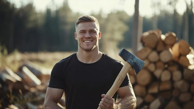 Strong man smiling with axe in forest during sunset