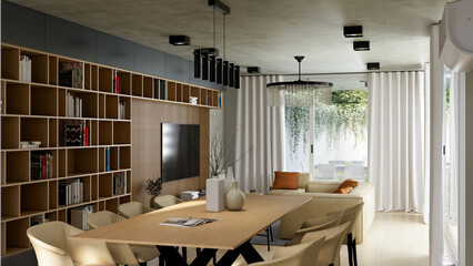 Photorealistic 3D rendering of a modern interior living room, digitally designed with no trademarks or recognizable copyrighted elements. Image created by a 3D artist for architectural visualization