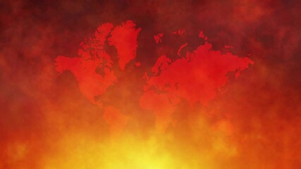Loopable animation of glowing world map silhouette against fiery red sky shows climate change crisis and rising global temperature