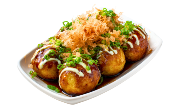 Delicious japanese takoyaki balls topped with savory sauce mayonnaise and green onions isolated on transparent background - Powered by Adobe