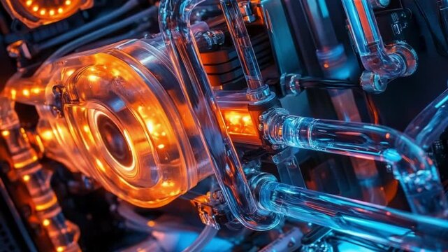 Close-up of illuminated, transparent water-cooling components within a computer chassis, showcasing intricate tubing and glowing accents in vibrant orange and blue hues