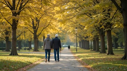 An elderly couple walks together in a lush park during autumn. 4k video - Powered by Adobe