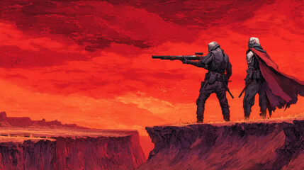Two armored warriors watch over a desolate canyon under a fiery red sky. A dramatic sci-fi scene of partners, surveillance, and impending battle.