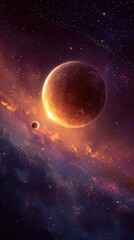 Distant planet and moon illuminated by a fiery nebula in deep space