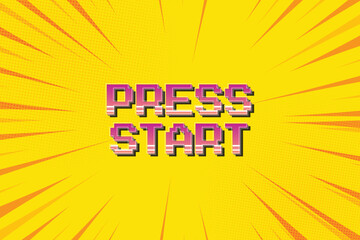 PRESS START icon on yellow background. pixel art. 8 bit game. retro game. for game assets in vector illustrations. Speed lines. Pop art